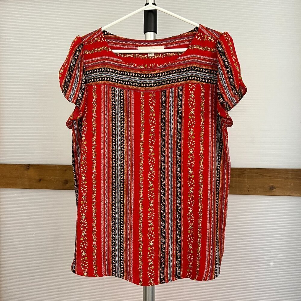 Loft Red Abstract Floral Stripe Scoop Neck‎ Petal Short Sleeve Blouse Sz M